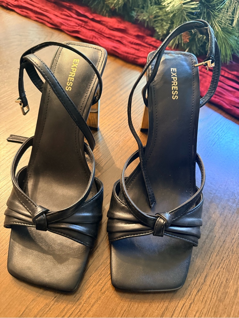 Express Black Strappy Knot Front Block Heel Sandals